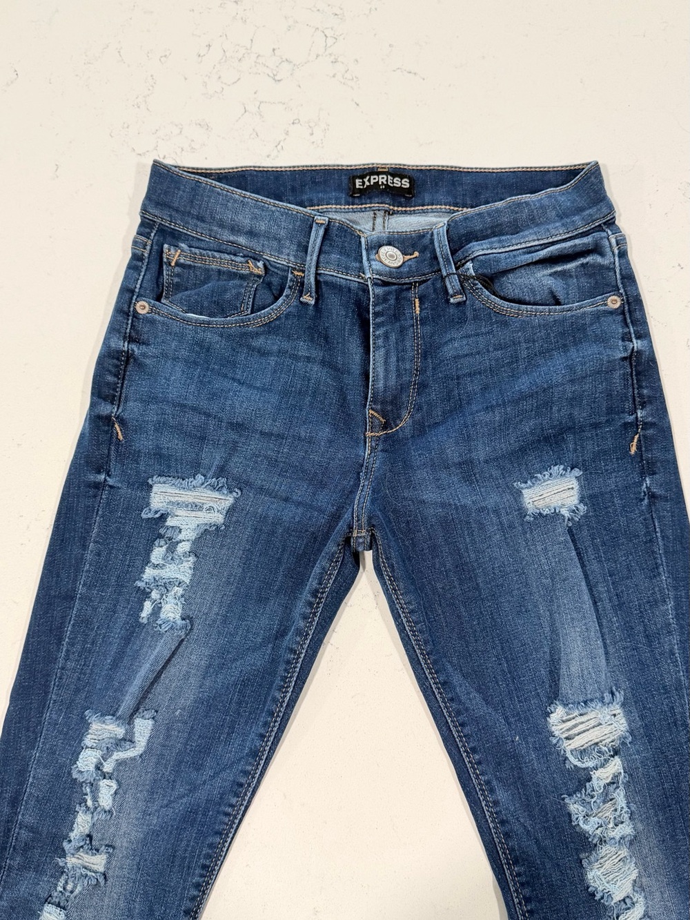 Express Women's Ripped Dark Blue Skinny Jeans stretch